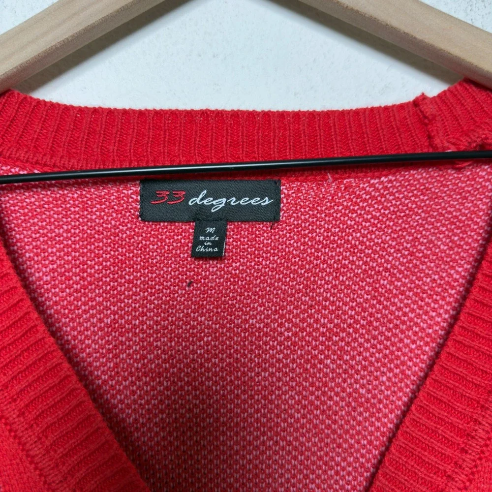 33 Degrees Women Cardigan Sweater Medium Red Pink Fuzzy Heart Preppy Novelty